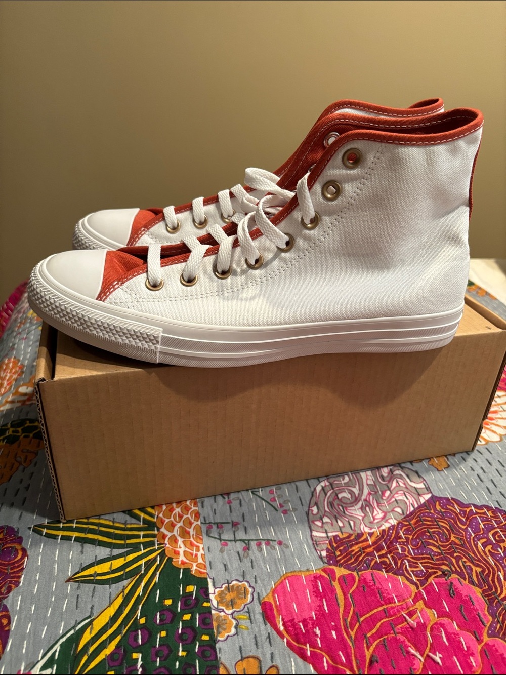 Converse High-Top Canvas Sneakers in White & Orange Accent